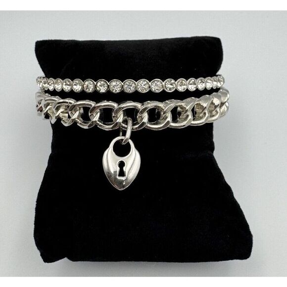 Set of 2 Graziano CN Silver Tone Stack Bangle Bracelets Pave Rhinestones‎ 8.5 - Picture 2 of 9